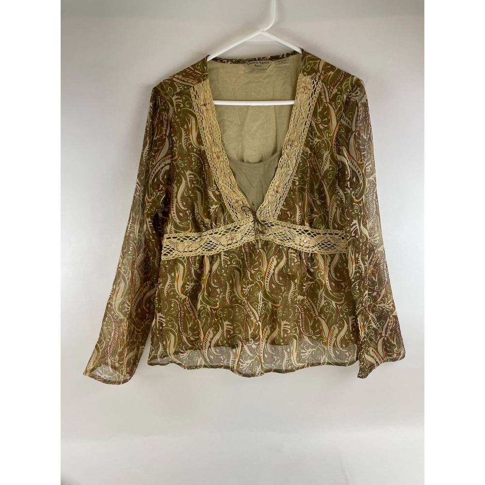Quizz Again Shirt Women's Size XL Green Brown Sequin Boho Paisley Long Sleeve